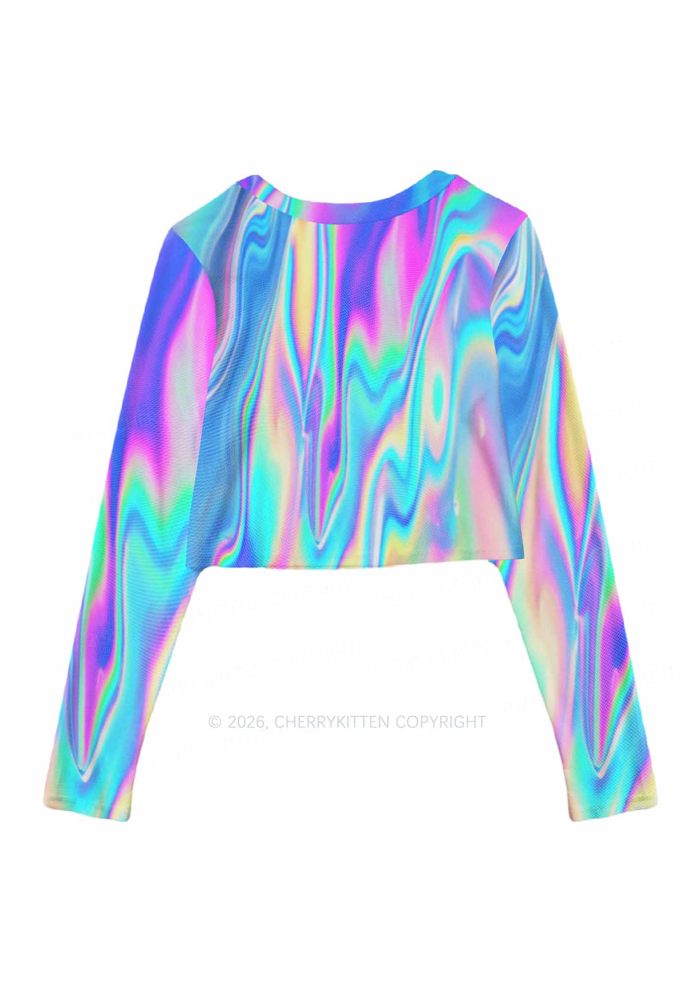 Holographic Iridescent Swirl Y2K Mesh Long Sleeve Crop Top Cherrykitten