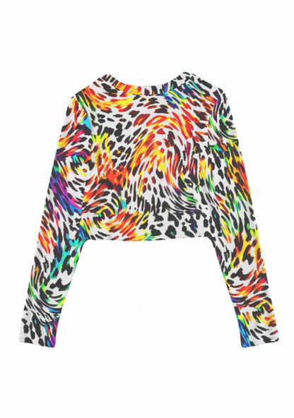 Rainbow Leopard Pride Y2K Mesh Long Sleeve Crop Top Cherrykitten