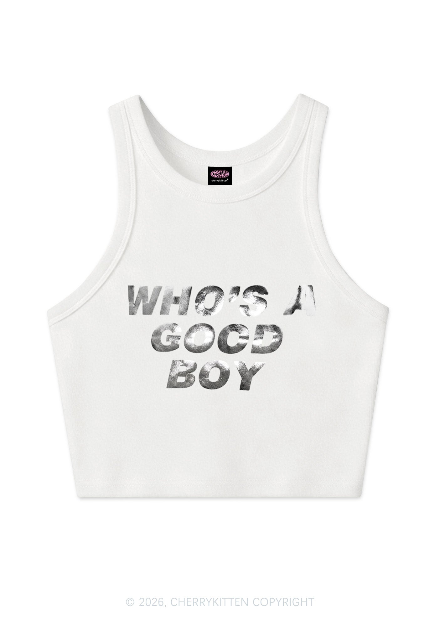 Whos A Good Boy Silver Foil Printed Y2K Crop Tank Top Cherrykitten