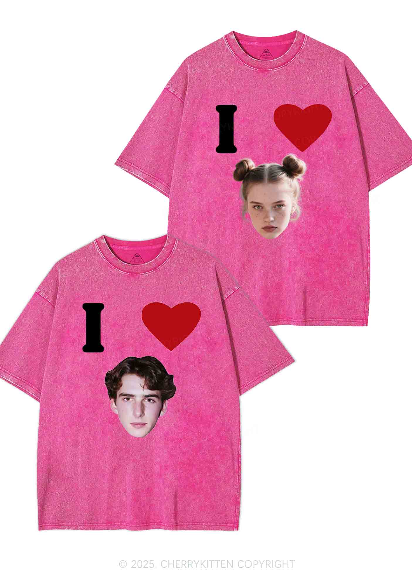 I Love Custom Portrait Y2K Valentine's Day Washed Tee Cherrykitten