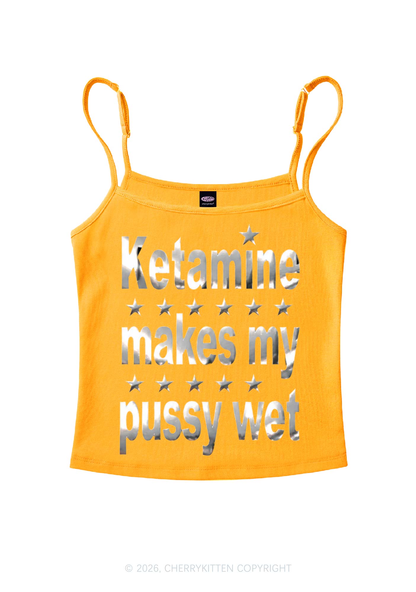 K Makes My Puxxy Wet Silver Foil Printed Y2K Spaghetti Strap Cami Cherrykitten