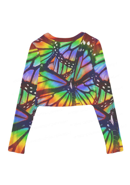 Rainbow Butterfly Y2K Mesh Long Sleeve Crop Top Cherrykitten