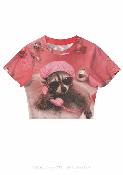 Pink Spa Raccoon Y2K Mesh Crop Top Cherrykitten