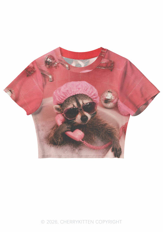 Pink Spa Raccoon Y2K Mesh Crop Top Cherrykitten