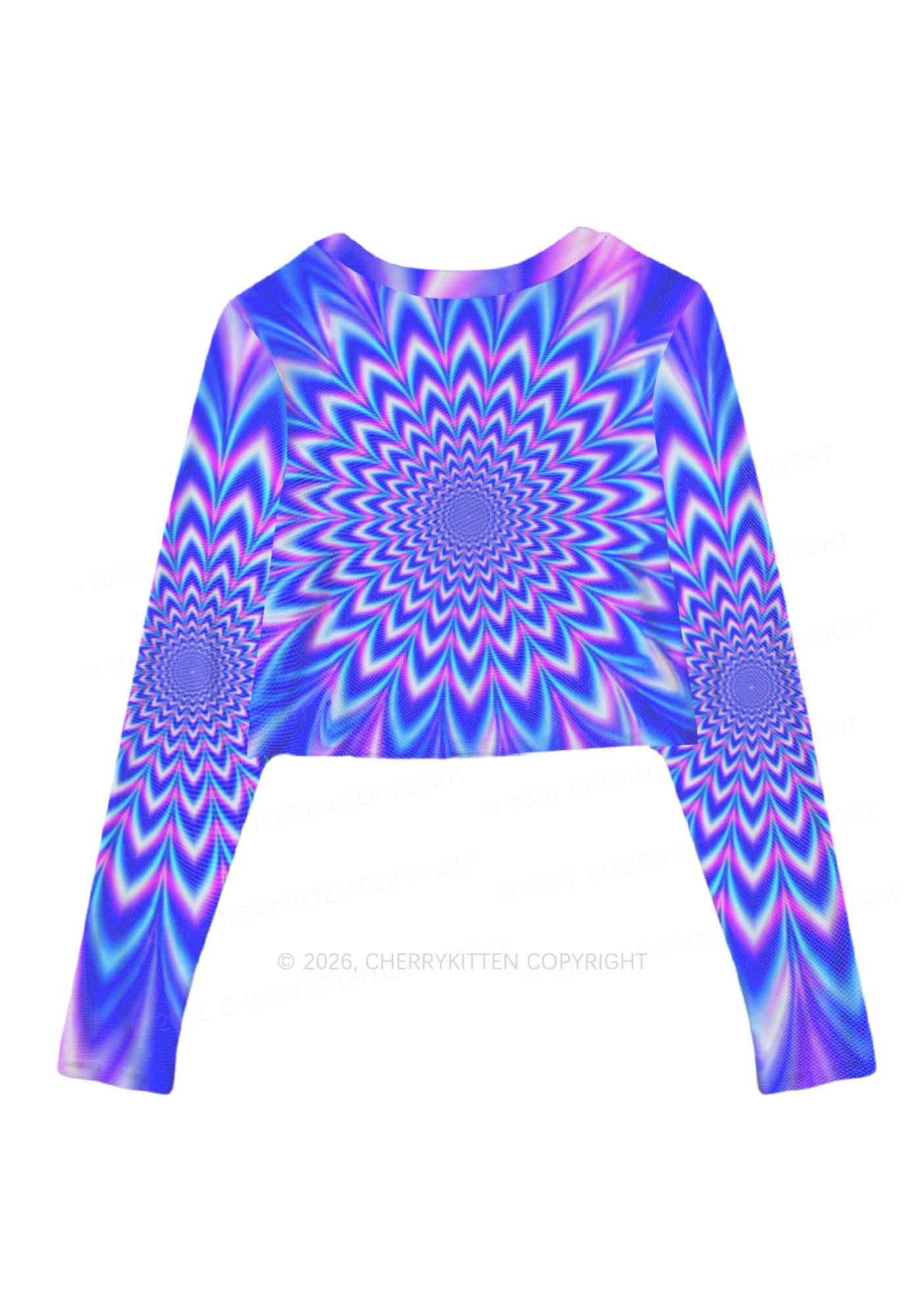 Blue Vortex Optical Illusion Y2K Mesh Long Sleeve Crop Top Cherrykitten