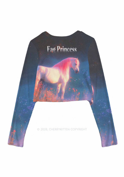 Fag Princess Horse Pride Y2K Mesh Long Sleeve Crop Top Cherrykitten