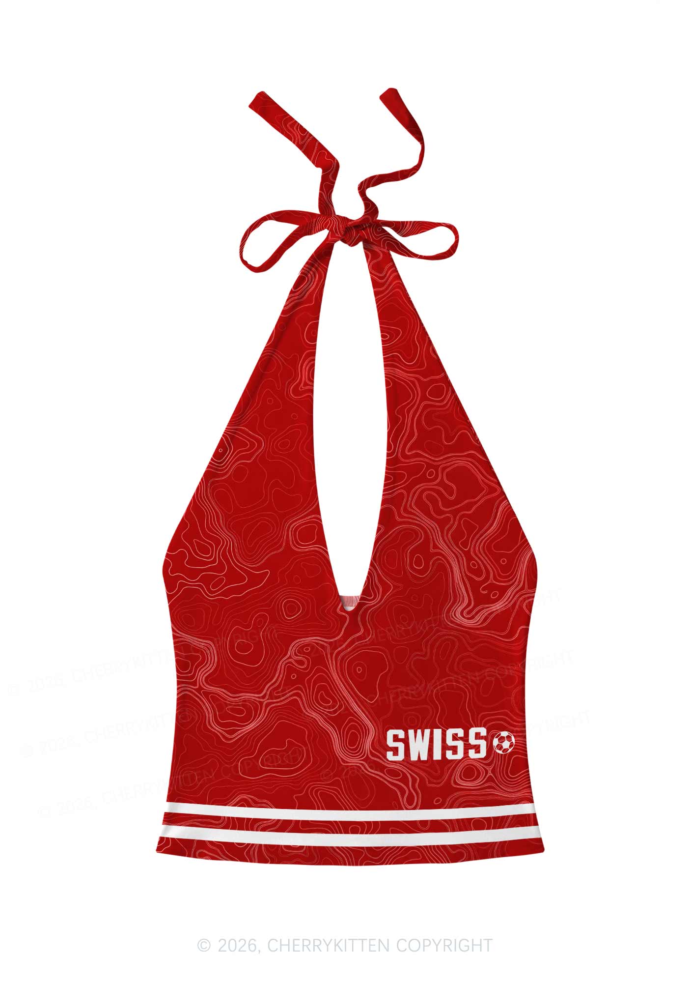 Red Topographic Line Y2K Print Halter Deep V Neck Cami Cherrykitten
