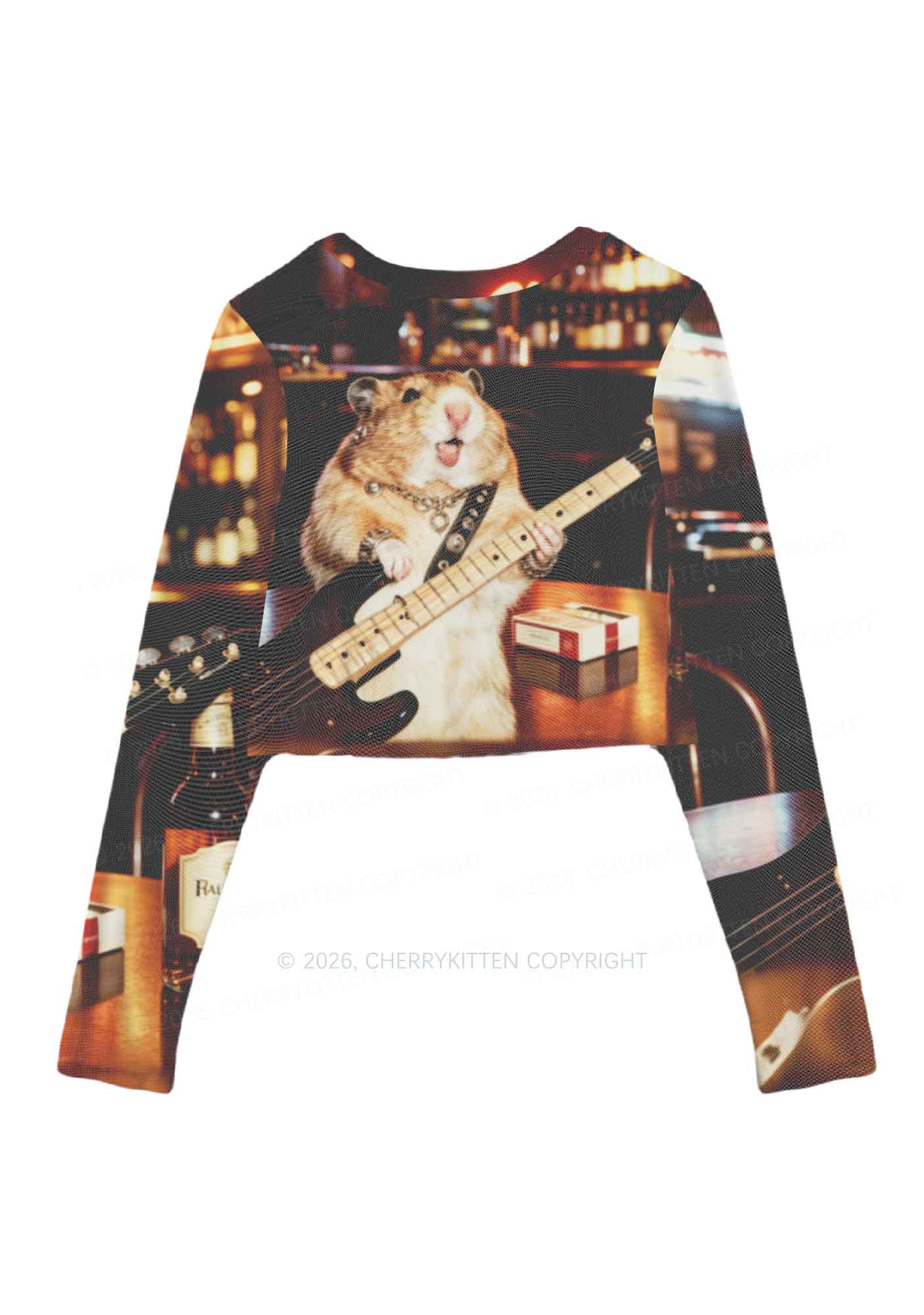 Hamster Bassist Techno Y2K Mesh Long Sleeve Crop Top Cherrykitten