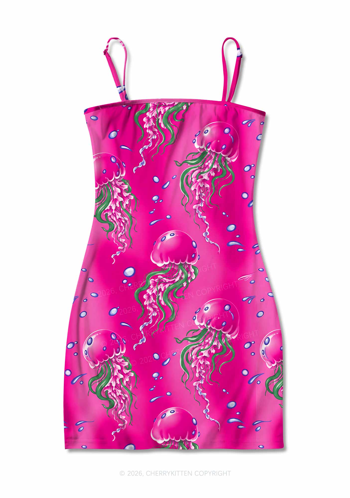 Hot Pink Jellyfish Bubble Y2K Print Slip Dress Cherrykitten