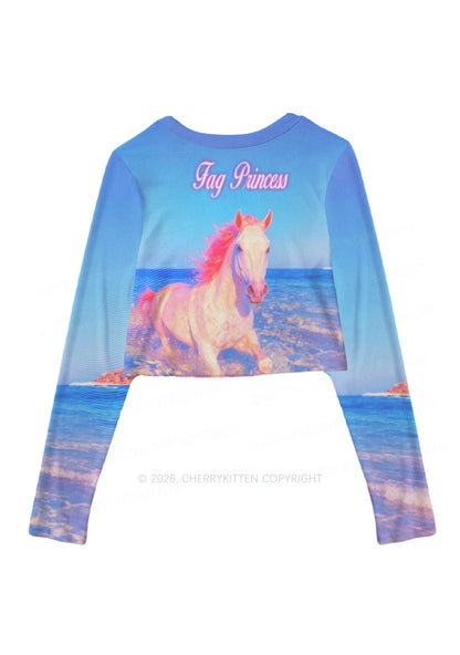Blue Fag Princess Horse Pride Y2K Mesh Long Sleeve Crop Top Cherrykitten