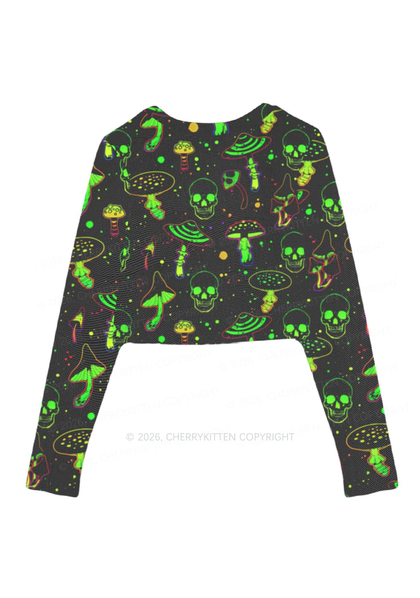 Neon Skull Mushroom Y2K Mesh Long Sleeve Crop Top Cherrykitten