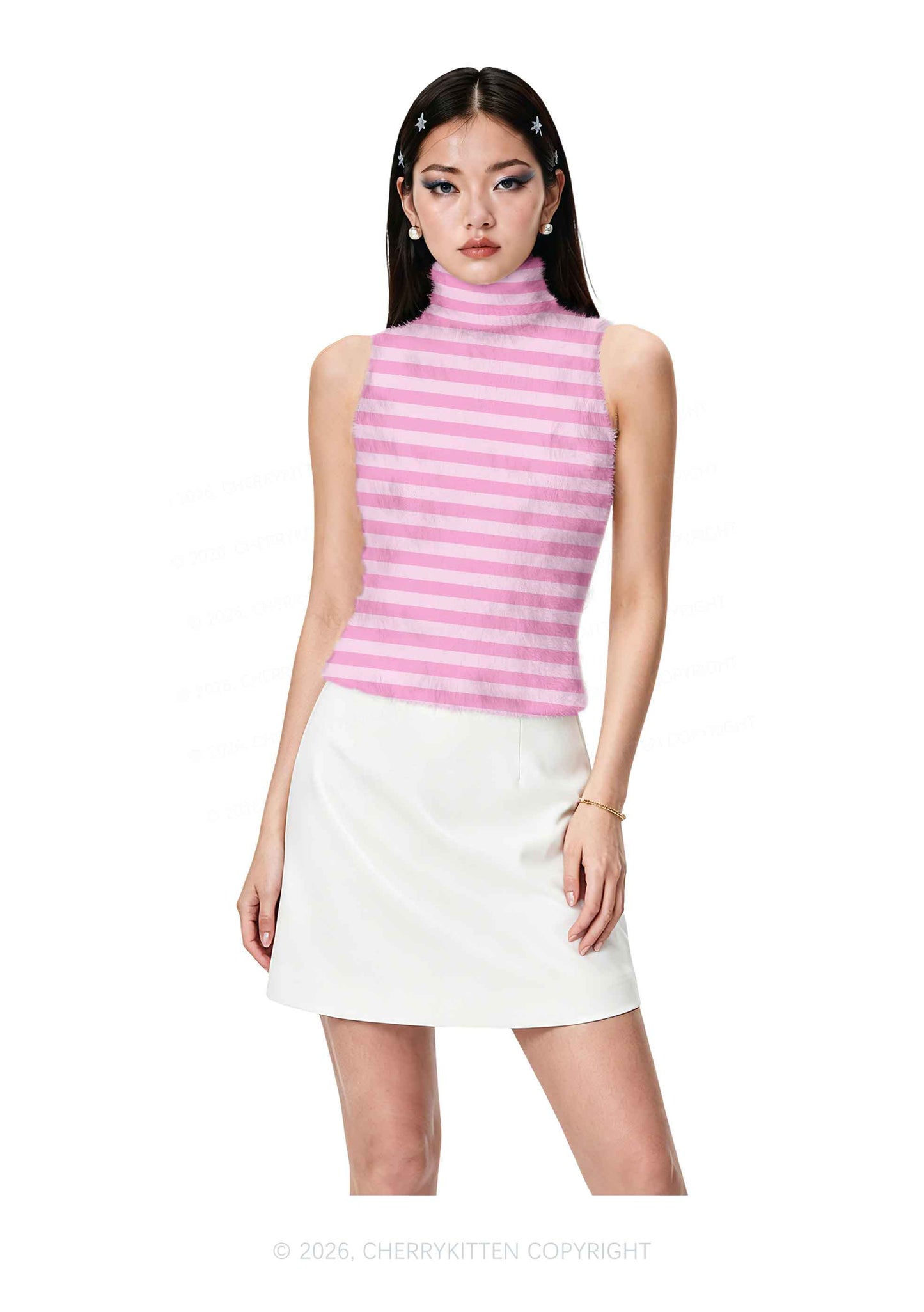 Light Pink White Stripes Y2K Knit Turtleneck Tank Top Cherrykitten