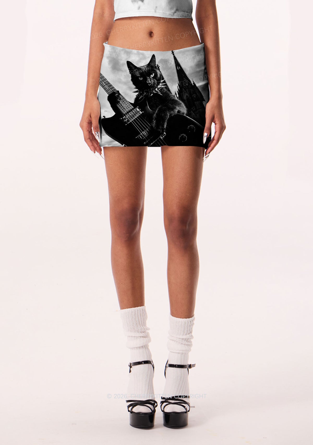 Halloween Guitar Black Cat Y2K Print Mini Skirt Cherrykitten
