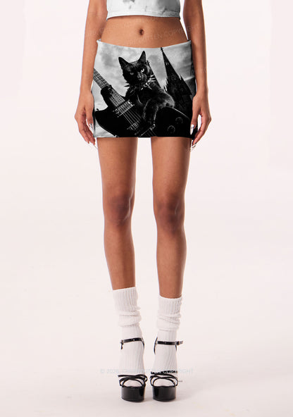 Halloween Guitar Black Cat Y2K Print Mini Skirt Cherrykitten