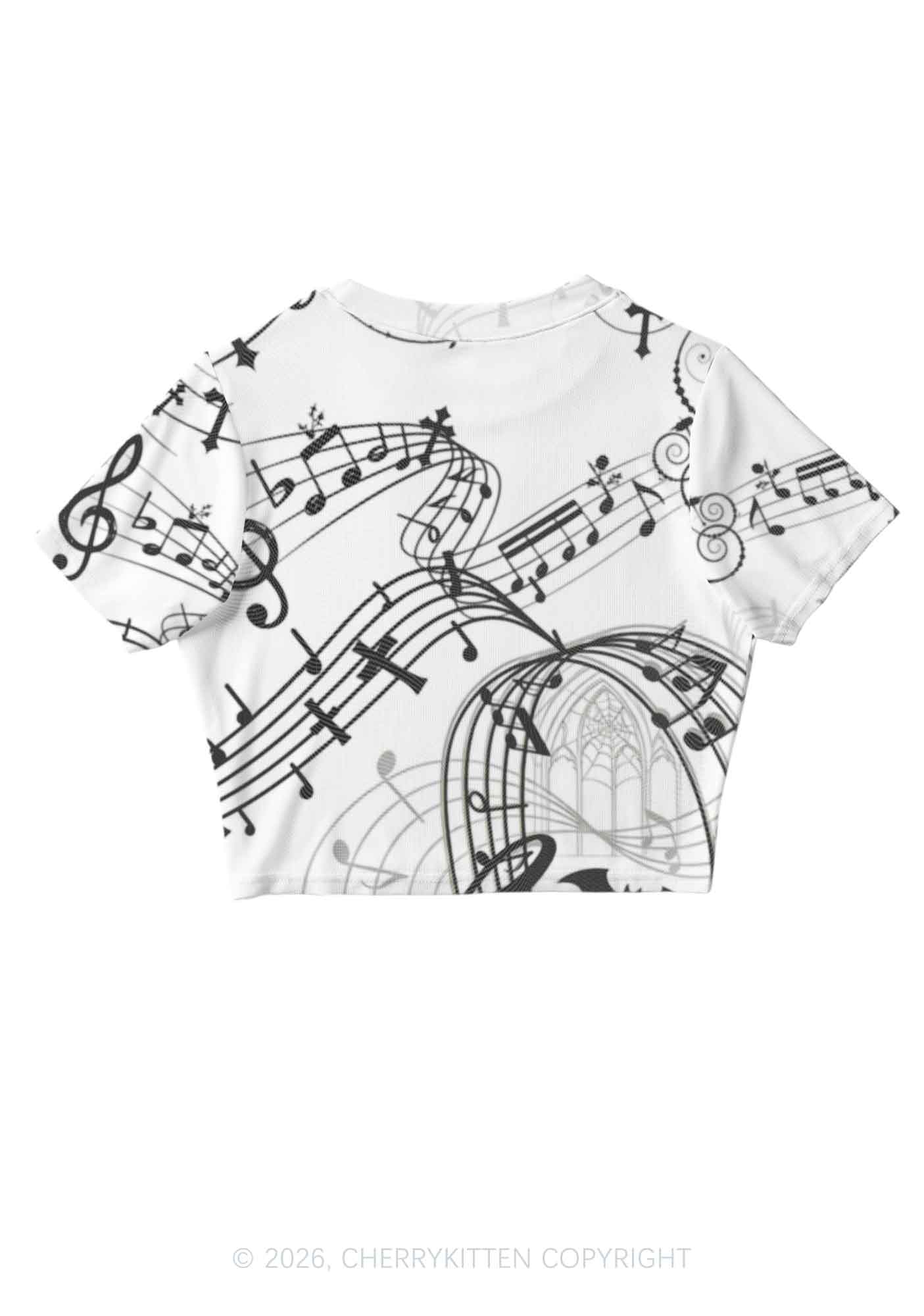 Halloween Gothic Music Note Cross Bat Y2K Mesh Crop Top Cherrykitten