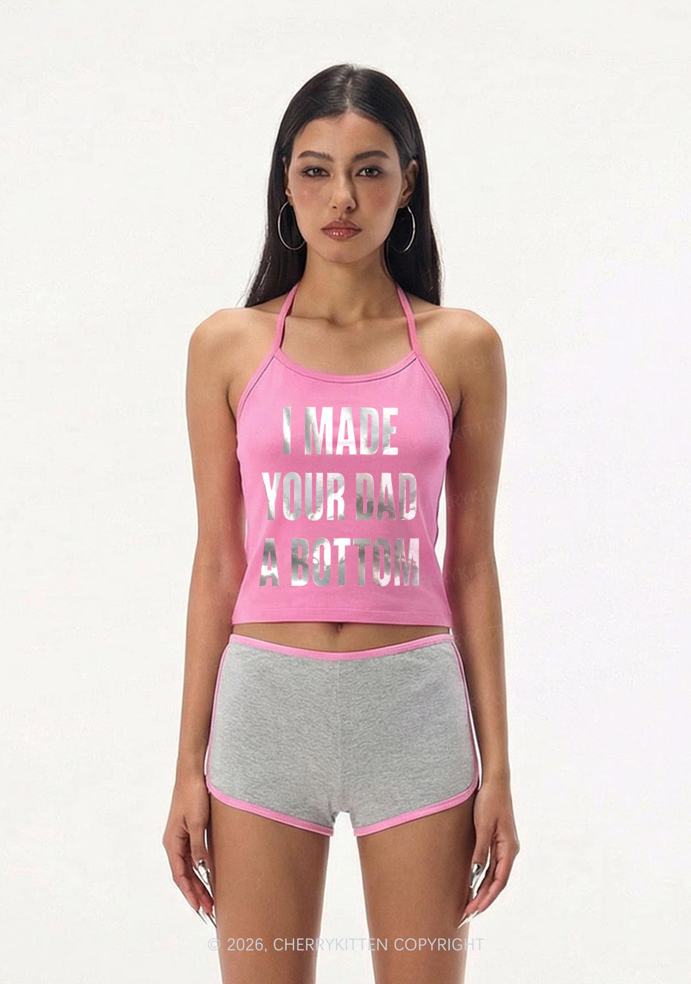Made Your Dad A Bottom Pride Silver Foil Printed Y2K Halter Neck Cami Cherrykitten
