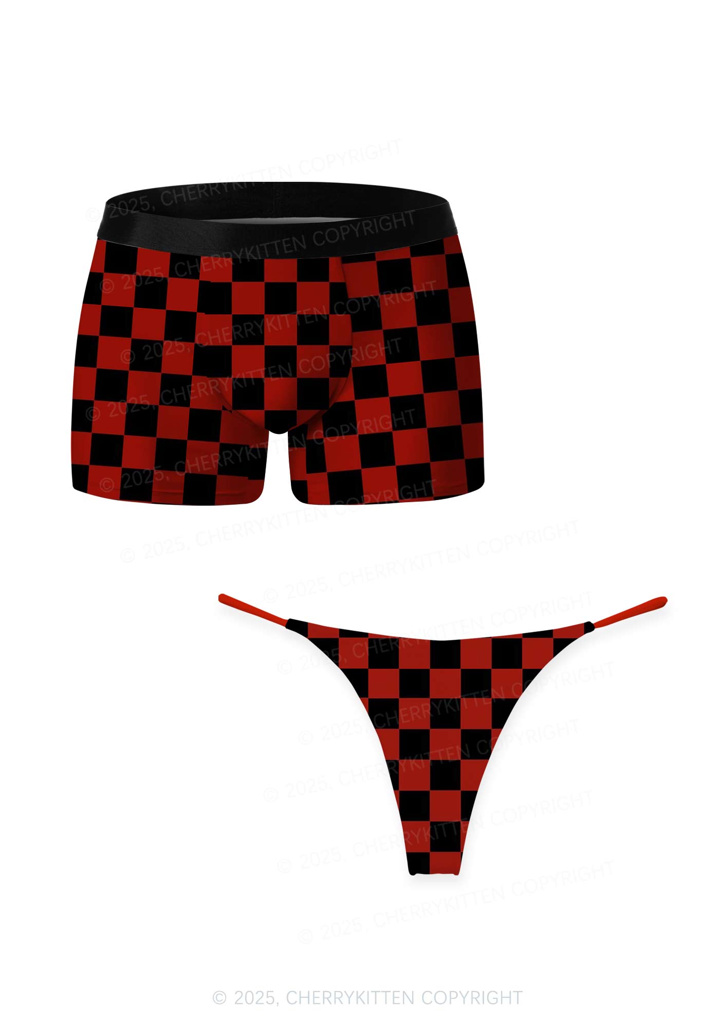 Black And Red Check Valentine's Day Y2K Print Couples Boxer Thong Set Cherrykitten
