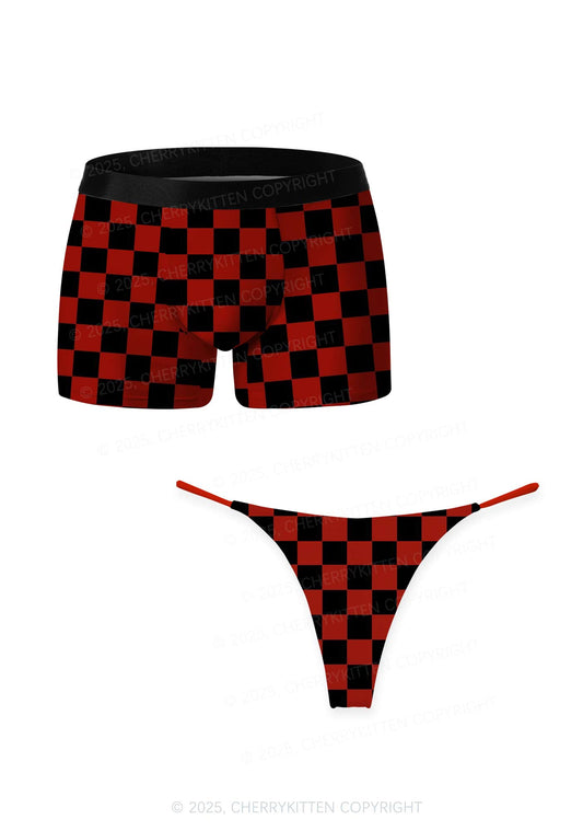 Black And Red Check Valentine's Day Y2K Print Couples Boxer Thong Set Cherrykitten