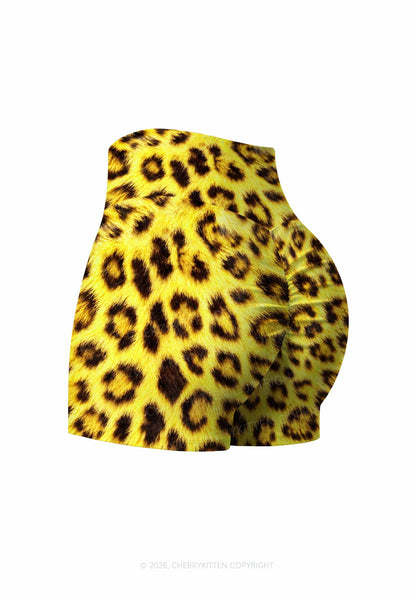 Yellow Leopard Y2K Print Gym Shorts Cherrykitten