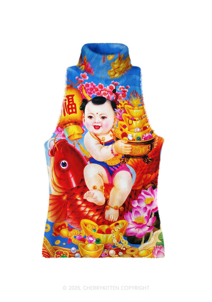 Chinese New Year Fortune Chubby Baby Y2K Knit Turtleneck Tank Top Cherrykitten