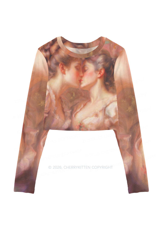 Pastel Dreamy Kissing Couple Pride Y2K Mesh Long Sleeve Crop Top Cherrykitten