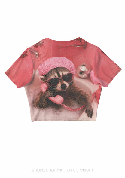 Pink Spa Raccoon Y2K Mesh Crop Top Cherrykitten