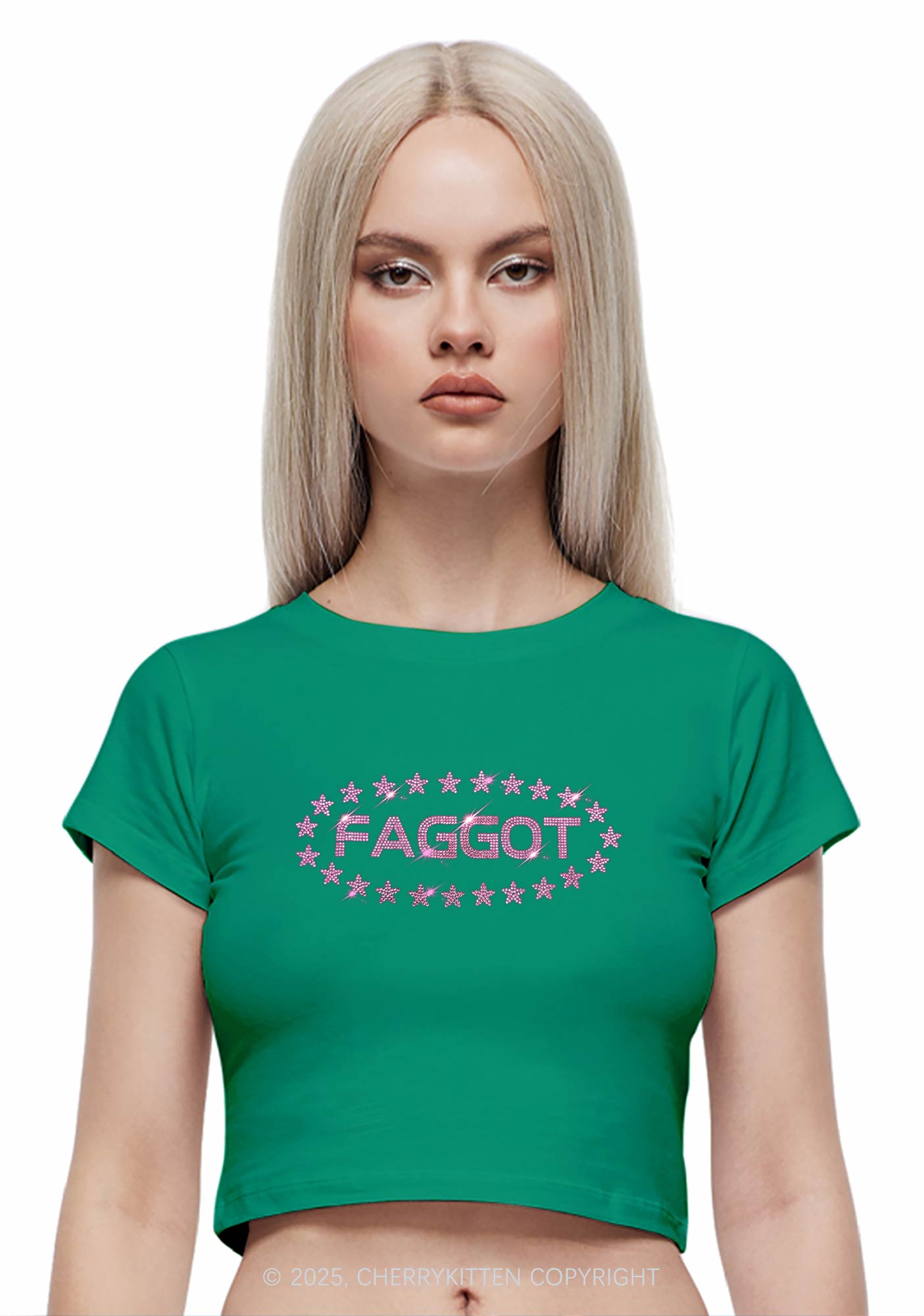 Rhinestone Pink Faggot Stars Pride Y2K Baby Tee Cherrykitten