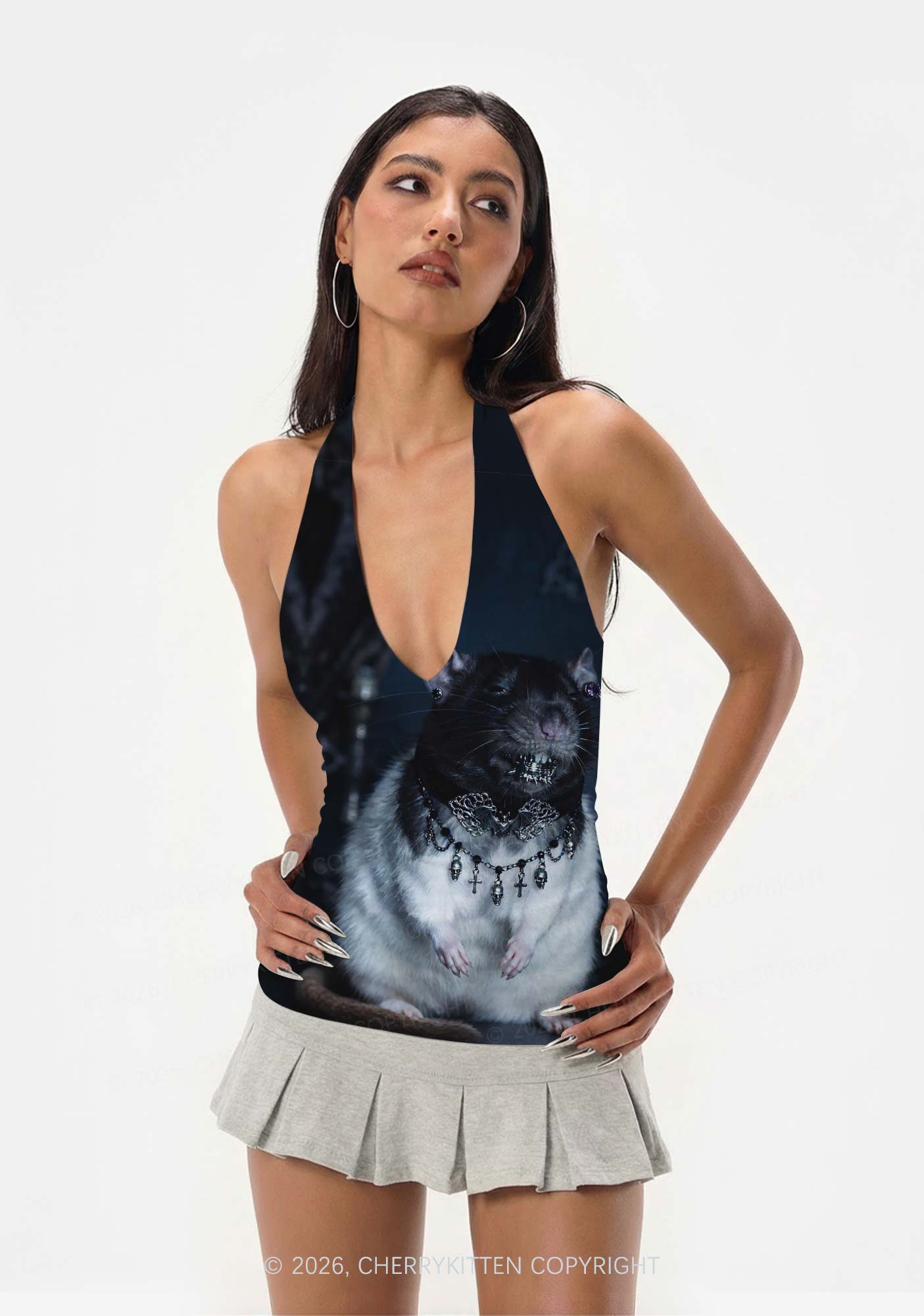 Gothic Jewelry Rat Y2K Print Halter Deep V Neck Cami Cherrykitten