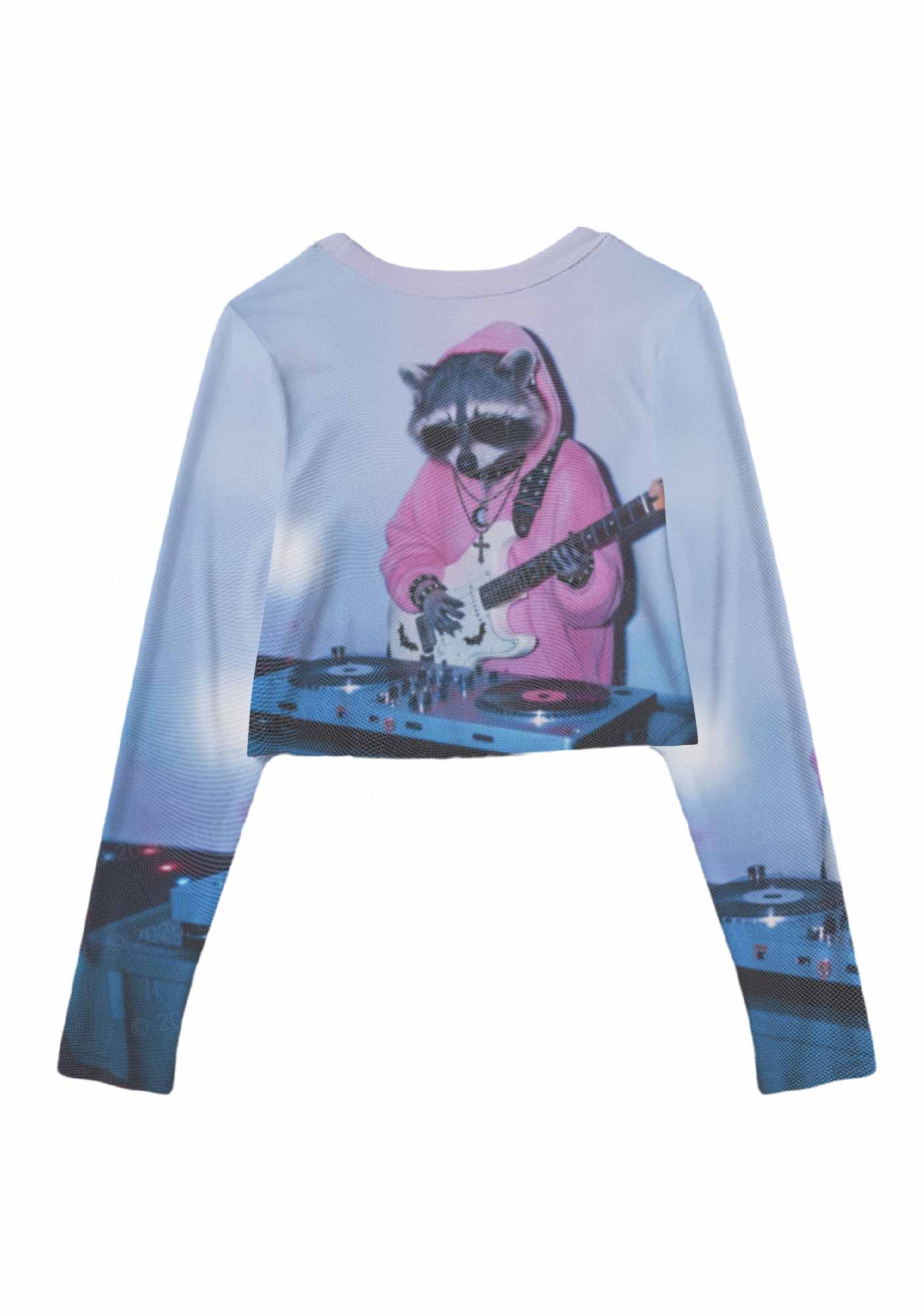 Pink Hoodie Raccoon DJ Y2K Mesh Long Sleeve Crop Top Cherrykitten
