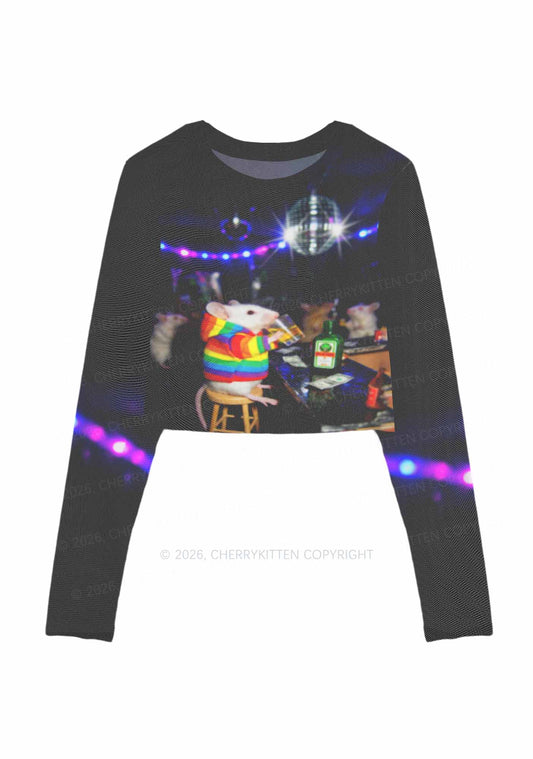Rainbow Hoodie Rat Drinking Pride Y2K Mesh Long Sleeve Crop Top Cherrykitten
