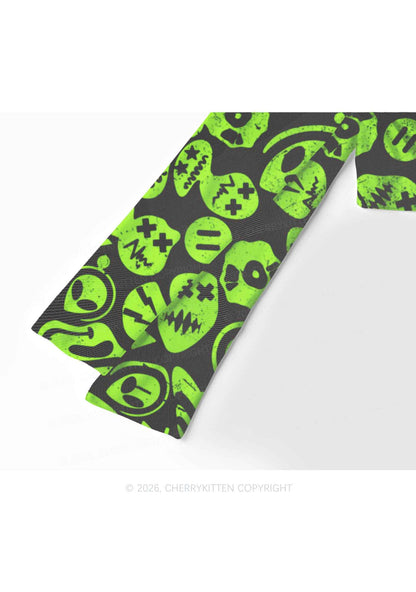 Green Alien Doodle Y2K Mesh Long Sleeve Crop Top Cherrykitten
