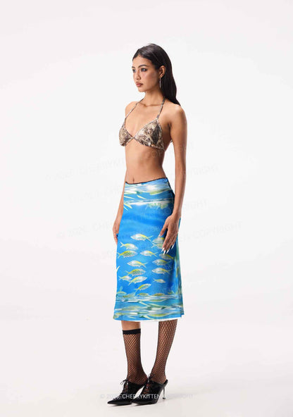 Undersea Fish Y2K Print Midi Skirt Cherrykitten