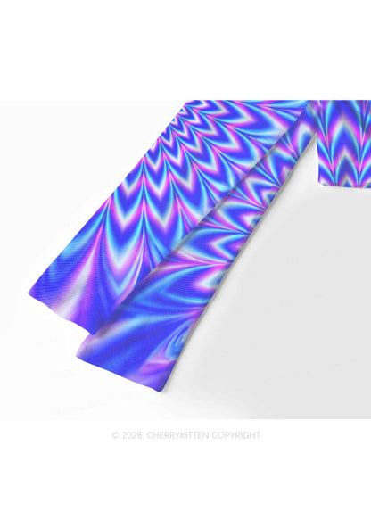 Blue Vortex Optical Illusion Y2K Mesh Long Sleeve Crop Top Cherrykitten