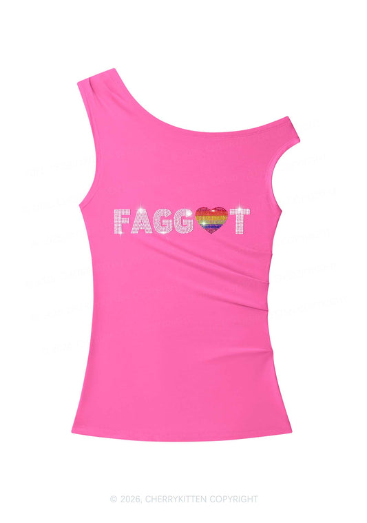 Rhinestone Rainbow Heart Faggot Pride Y2K Off Shoulder Tank Top Cherrykitten