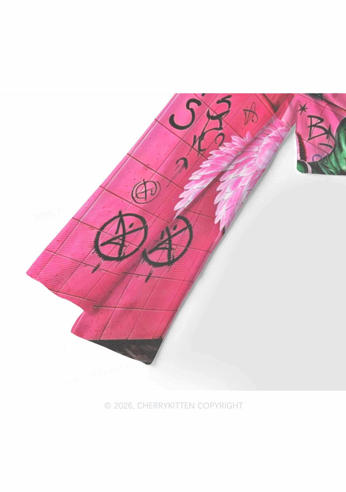 Alien Angel Graffiti Wall Y2K Mesh Long Sleeve Crop Top Cherrykitten