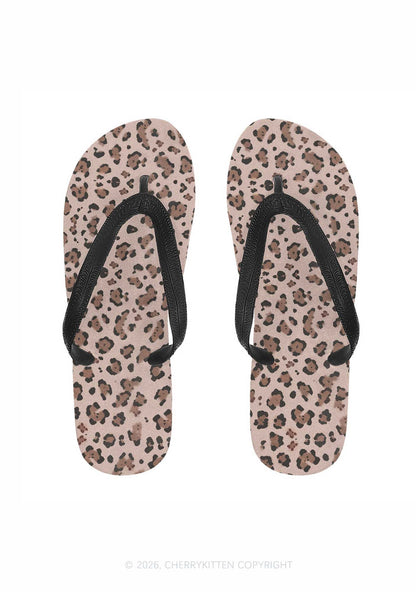 Brown Leopard Y2K Print Flip Flops Cherrykitten