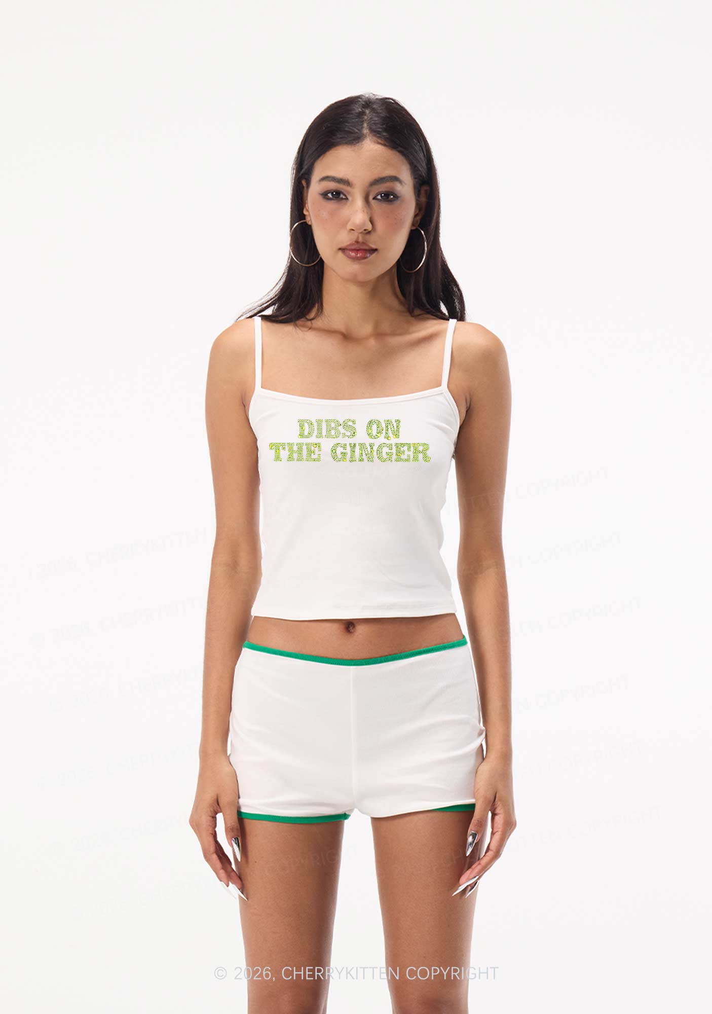 Rhinestone Dibs On The Ginger St Patricks Y2K Spaghetti Strap Cami Cherrykitten