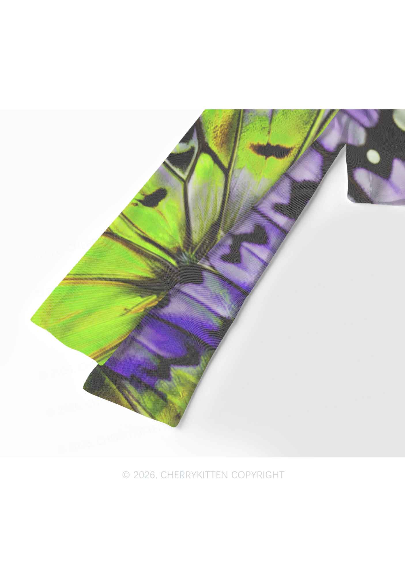 Purple Lime Butterfly Wing Y2K Mesh Long Sleeve Crop Top Cherrykitten