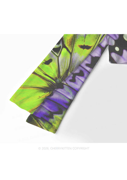 Purple Lime Butterfly Wing Y2K Mesh Long Sleeve Crop Top Cherrykitten