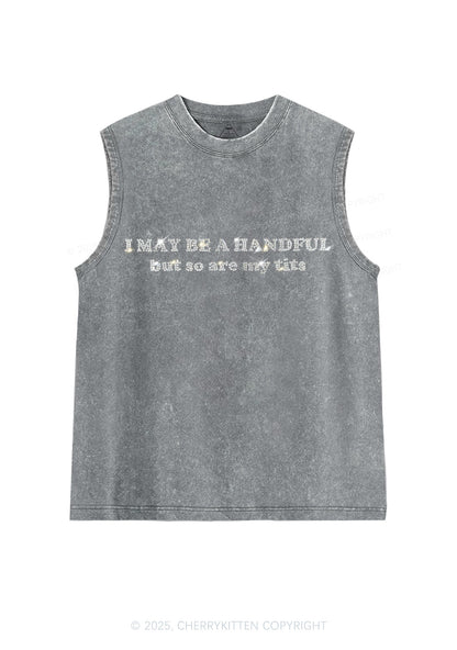 Rhinestone I May Be A Handful Y2K Washed Muscle Tank Cherrykitten