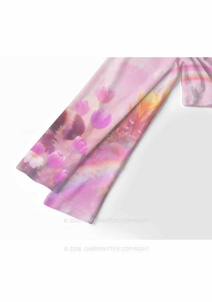 Rainbow Raccoon Pride Y2K Mesh Long Sleeve Crop Top Cherrykitten