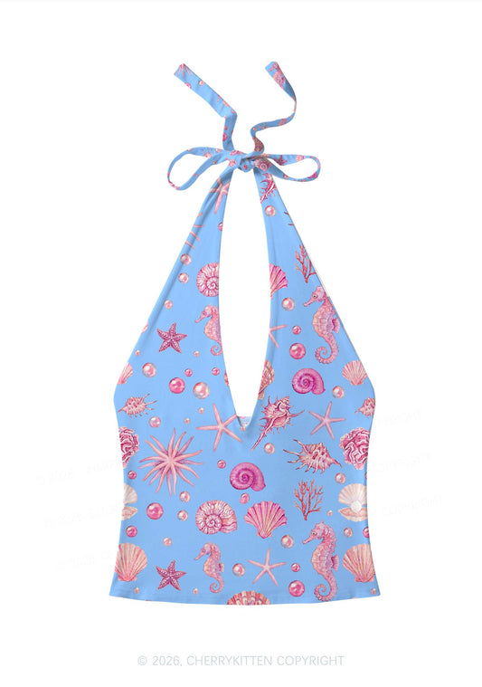 Pink Seashell Starfish Y2K Print Halter Deep V Neck Cami Cherrykitten