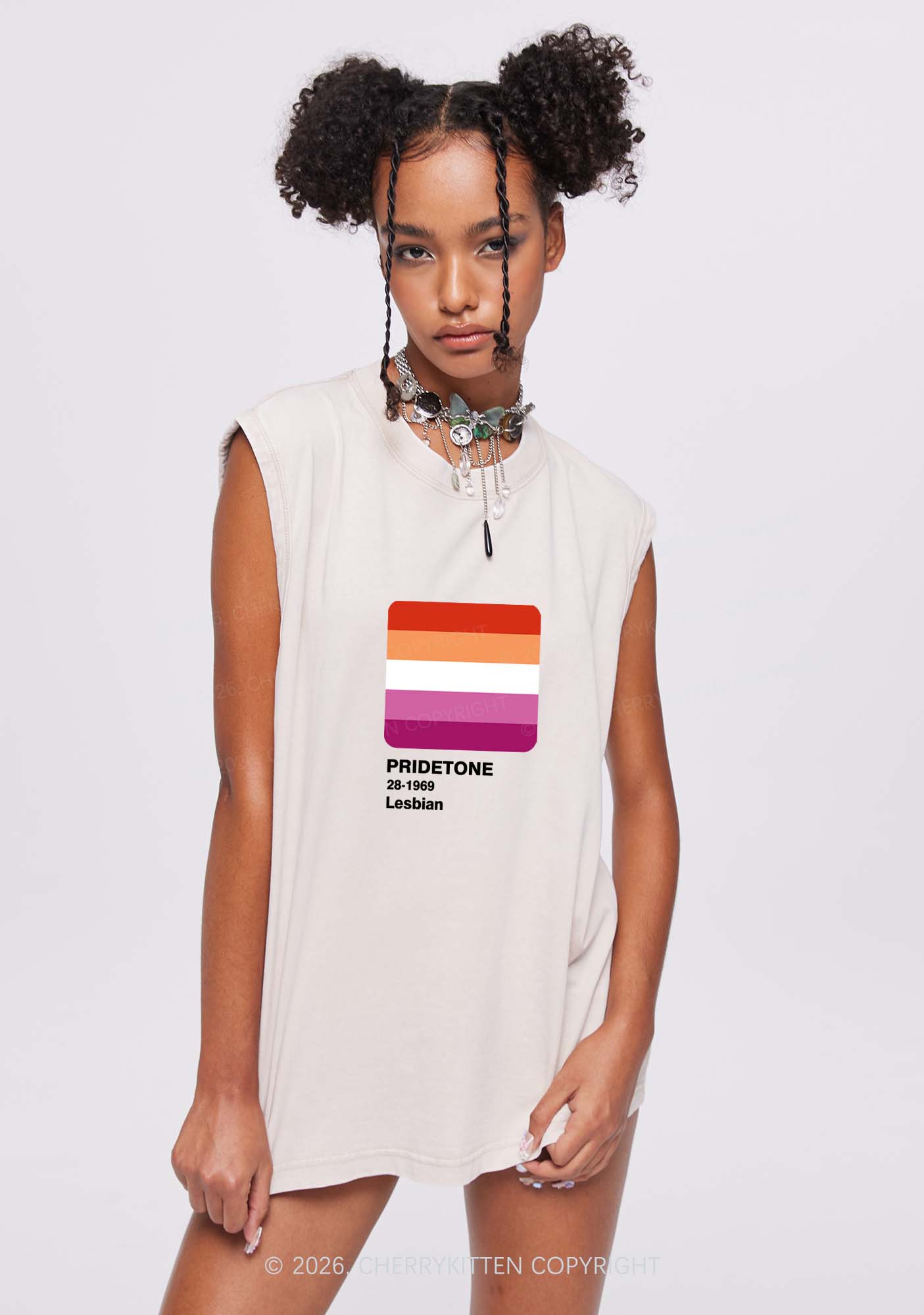 Pridetone Lesbian Pride Y2K Washed Muscle Tank Cherrykitten