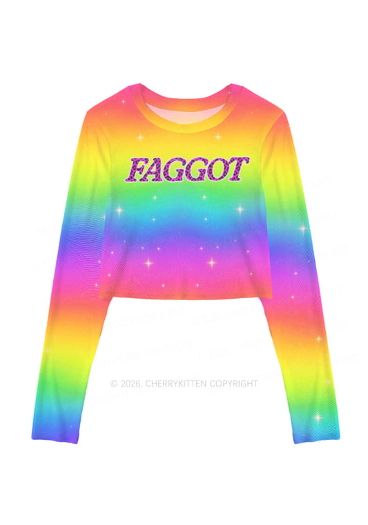 Rainbow Faggot Pride Y2K Mesh Long Sleeve Crop Top Cherrykitten