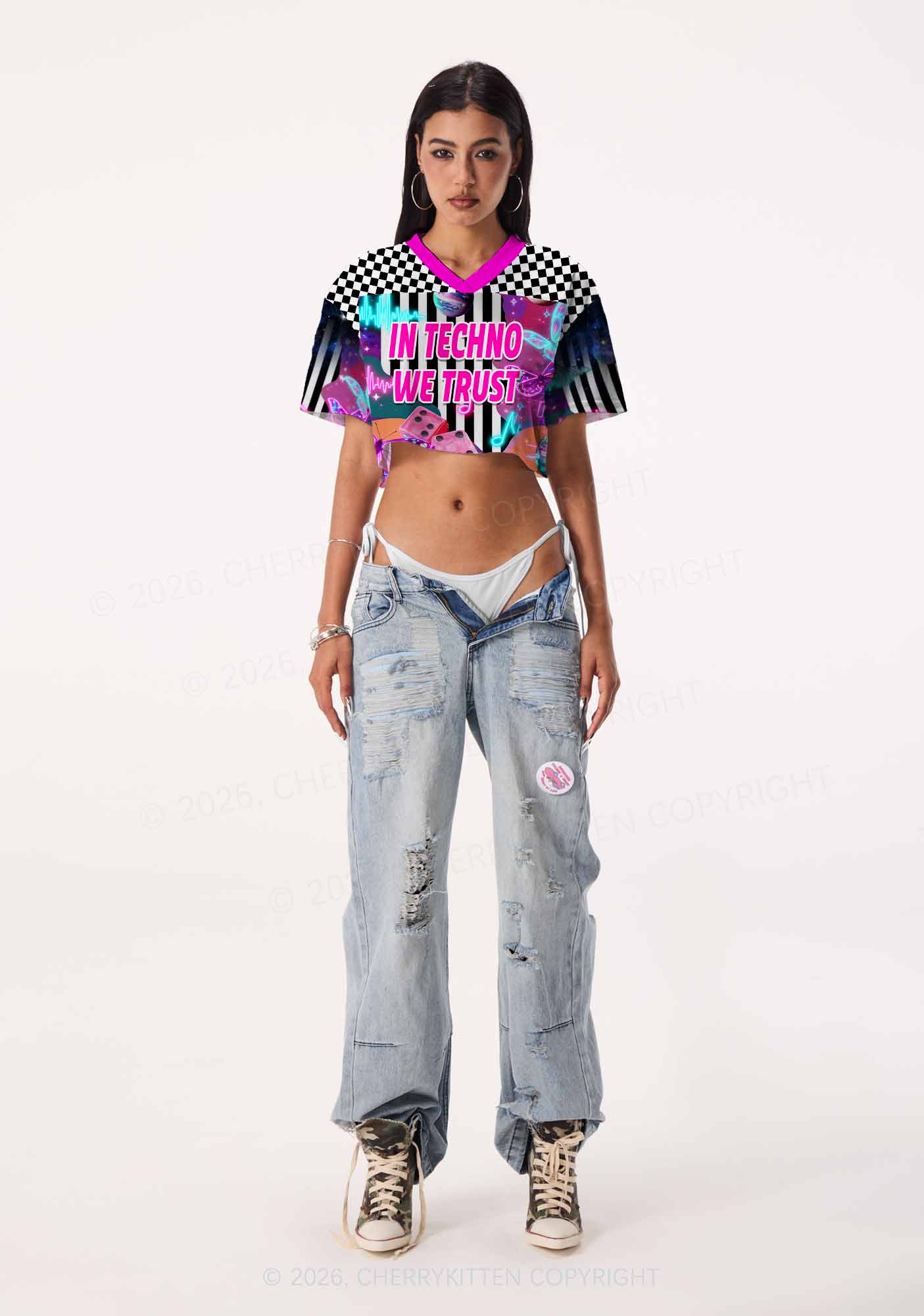 In Techno We Trust Y2K Crop Sport Jersey Shirts Cherrykitten