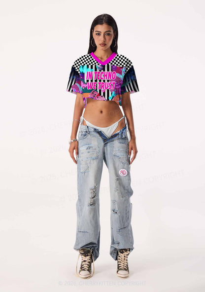 In Techno We Trust Y2K Crop Sport Jersey Shirts Cherrykitten