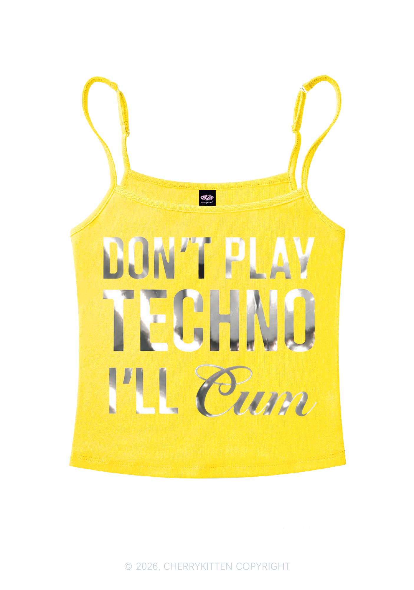 Dont Play Techno Silver Foil Printed Y2K Spaghetti Strap Cami Cherrykitten
