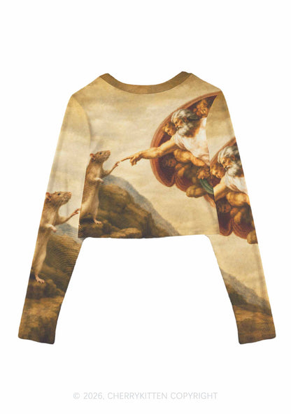God Hand Touching Rat Y2K Mesh Long Sleeve Crop Top Cherrykitten
