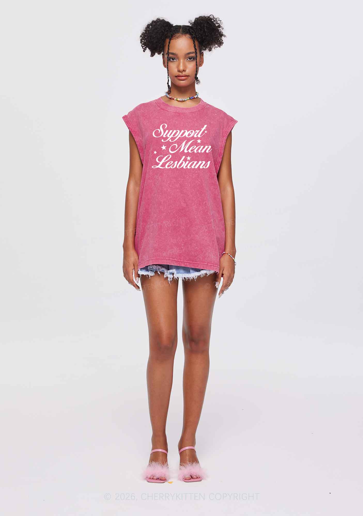 Support Mean Leabians Pride Y2K Washed Muscle Tank Cherrykitten