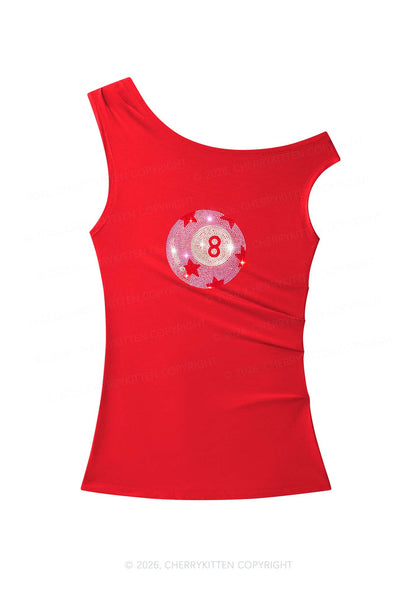 Rhinestone Pink Eight Ball Star Y2K Off Shoulder Tank Top Cherrykitten